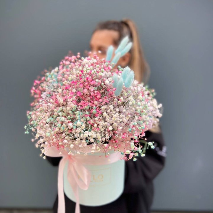 9 Радужных гипсофилы в шляпной коробке в Адлере